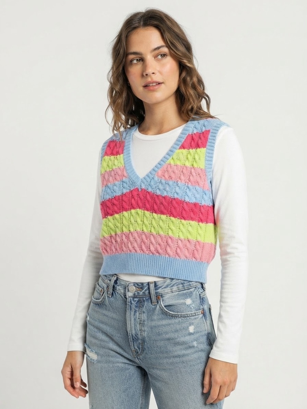Simons Twik Multicolor Striped Cable Knit Preppy Sweater Vest - Est. Size S/M